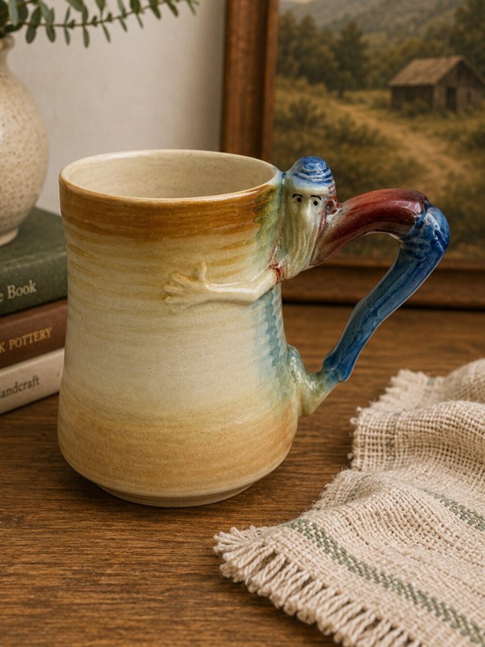Paul Webb Mountain Boys Pottery Mug #29 Handmade Folk Art Face Handle Coffee Cup
